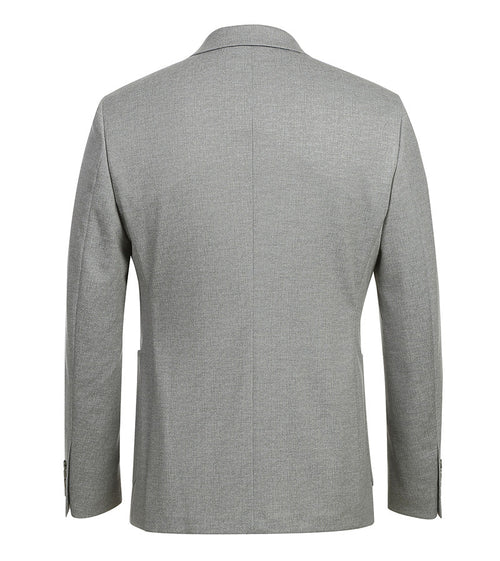 Gray, slim-fit half-canvas blazer. Textured fabric, notch lapel, single vent, and button cuffs. Features two side pockets. Clean, structured design in light gray.
