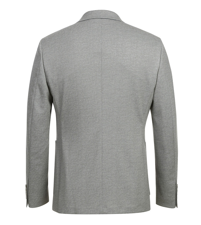 Gray, slim-fit half-canvas blazer. Textured fabric, notch lapel, single vent, and button cuffs. Features two side pockets. Clean, structured design in light gray.
