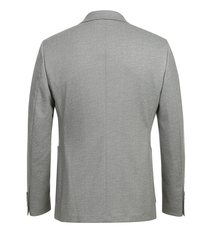 Gray, slim-fit half-canvas blazer. Textured fabric, notch lapel, single vent, and button cuffs. Features two side pockets. Clean, structured design in light gray.
