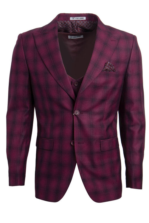 Mens Stacy Adams Suit - Stacy Adams Suit Men's Bold Windowpane Plaid Vested Suit - Burgundy