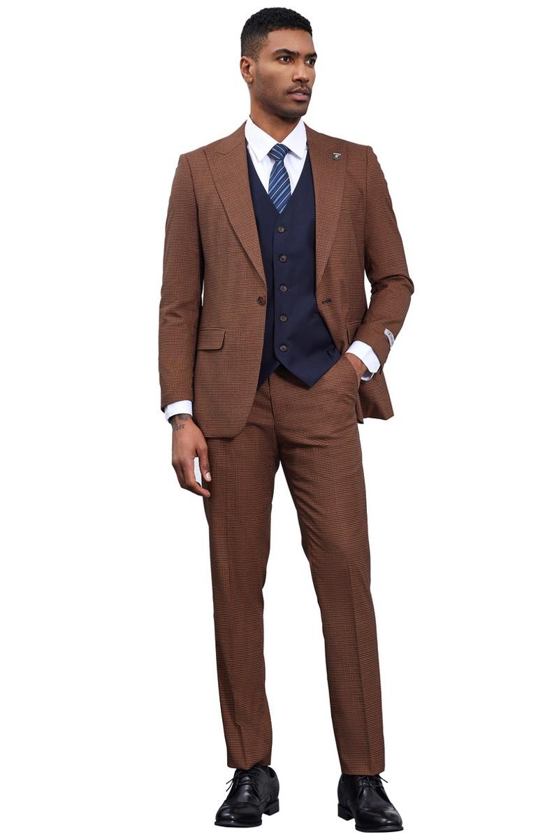 Cognac brown Stacy Adams men's suit with navy vest. One-button, peak lapel, micro check pattern, and textured fabric. Fitted shape.
