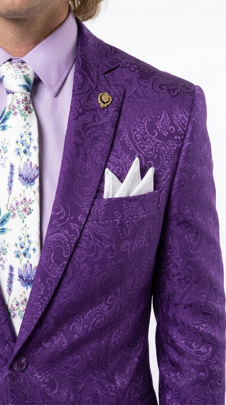 Men’s Purple Paisley 2-Piece Suit – 1970s Disco, Retro Rockabilly, Prom and Party Suit