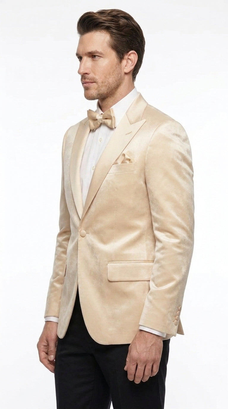Men’s Champagne Tuxedo Dinner Jacket – Satin Finish Formal Wedding Prom Blazer and Bowtie included
