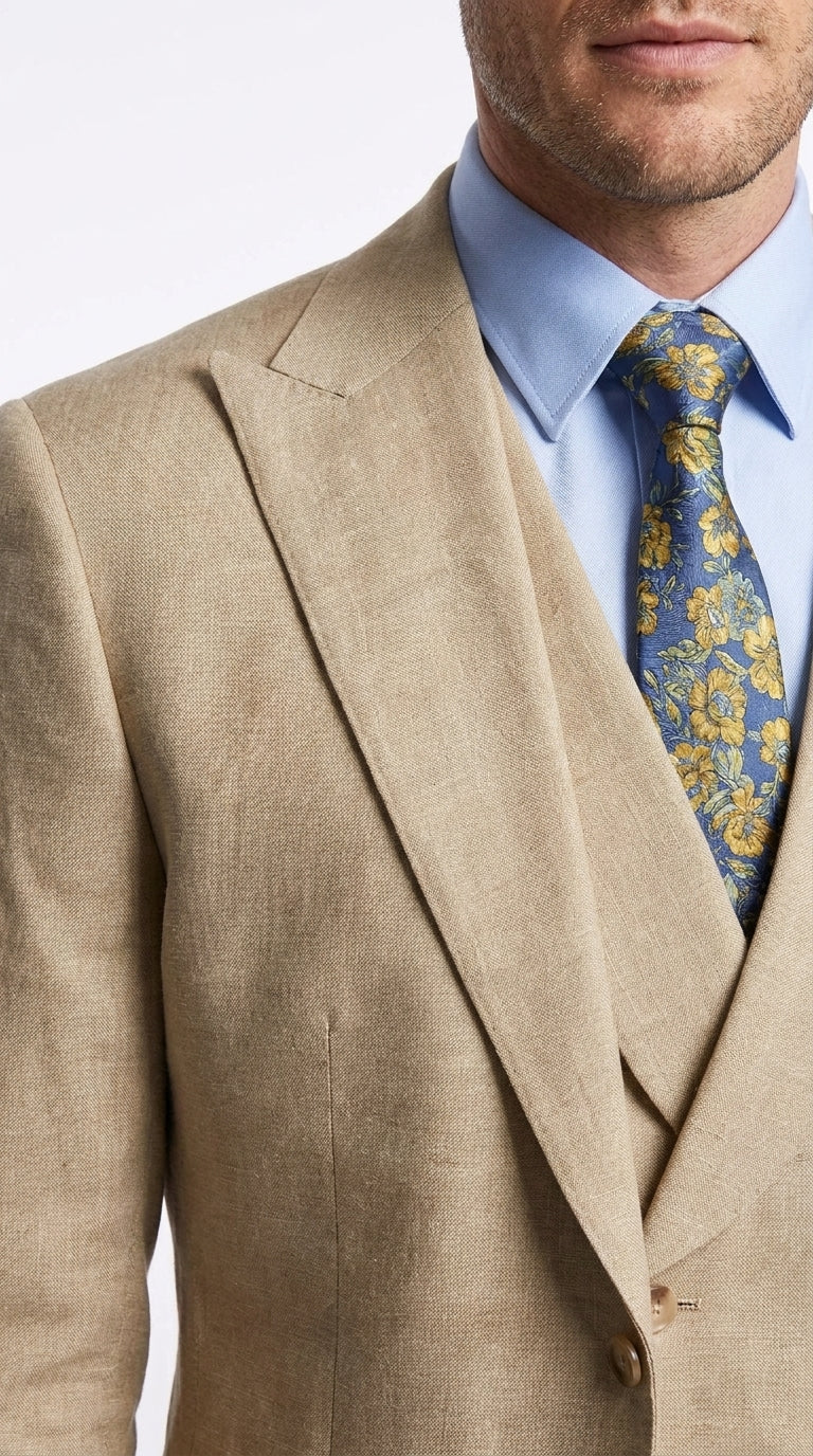 Men’s Great Gatsby Tan Summer Sharkskin 3 Piece – Double Breasted Vest Classic 1920s Groosmen Suit