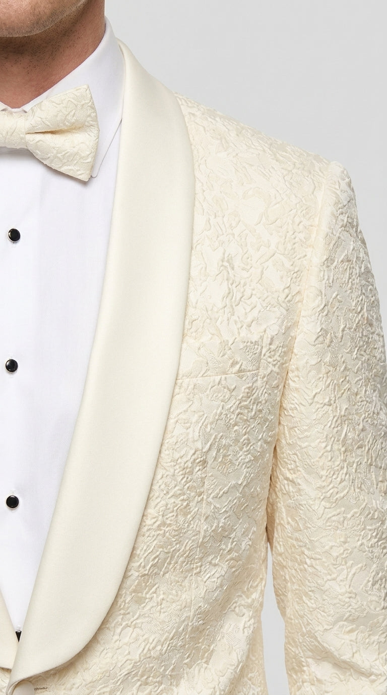 Men’s Ivory Off White Jacquard Dinner Jacket – Cream Tuxedo Blazer for Weddings & Formal Events + Bowtie included