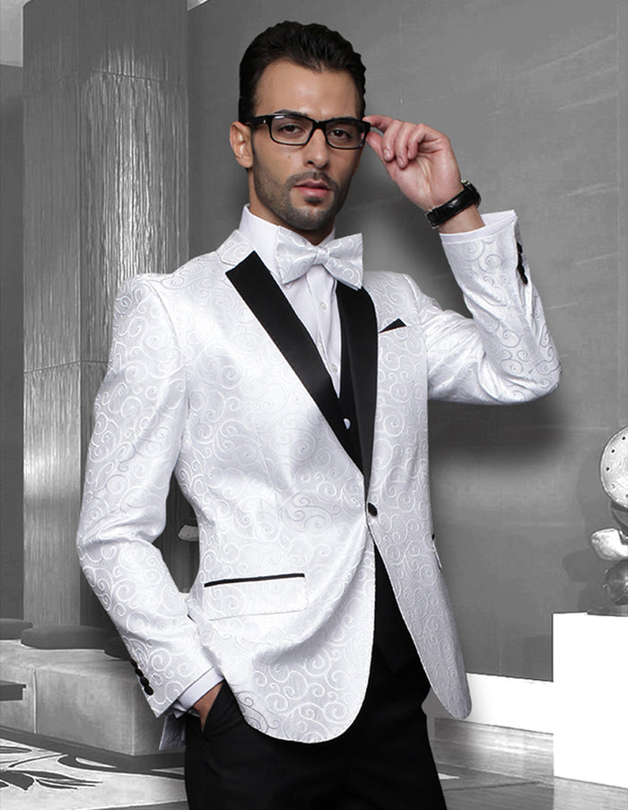 White tuxedo with swirl pattern, black notch lapel, and pocket accents. Fitted jacket with a matching vest. Elegant and stylish.
