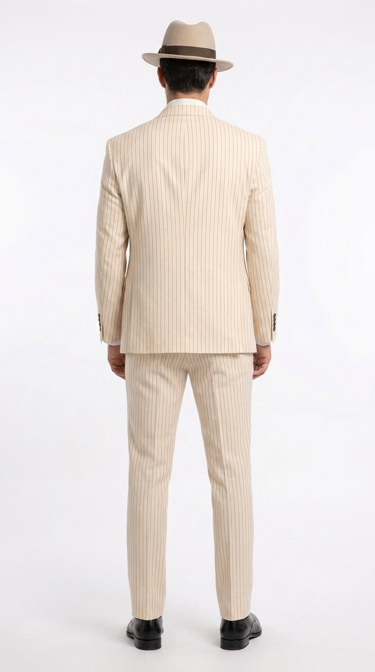 Men’s Ivory Cream Pinstripe Scarface Suit – Vintage Gangster Modern Fit 3-Piece Wedding Suit