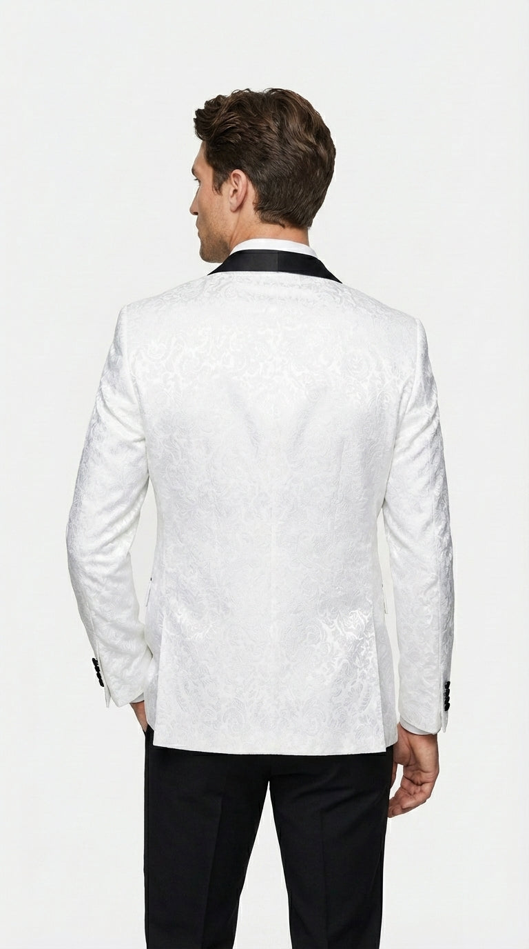 Men’s White Dinner Jacket Disco Blazer 1980s Sequin Style Jacket – Black Lapel Party Blazer, Formal Masquerade Club Wear Paisley Fabric + Bowtie