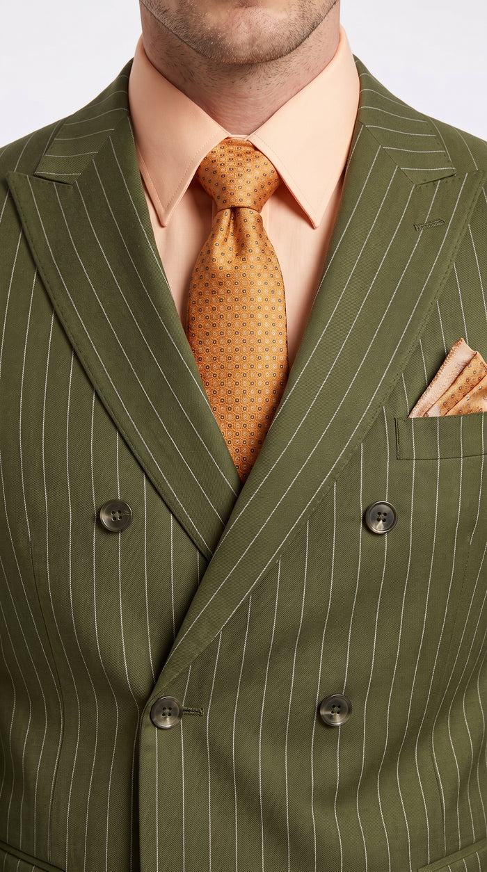 Men’s Olive Green Pinstripe Double-Breasted Suit – Classic Wedding, Business and Formal Suit