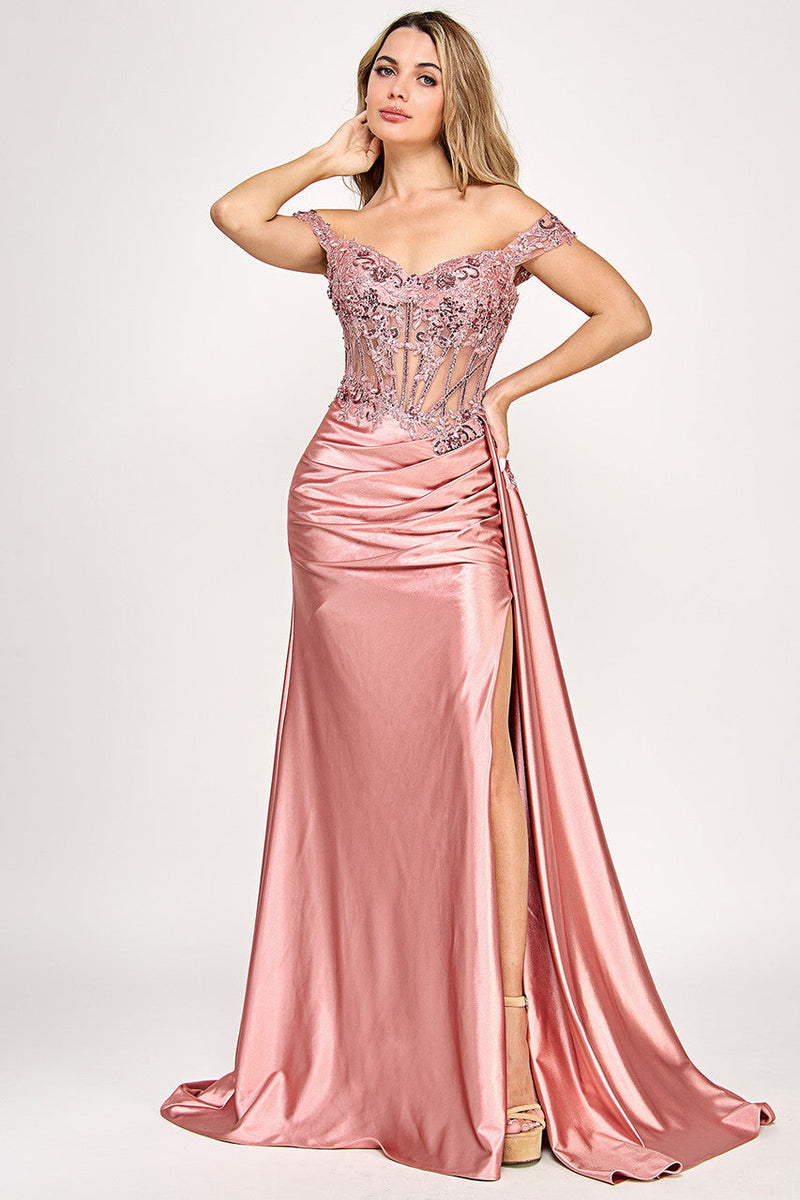 Off Shoulder Satin Evening Gown with Lace Corset Bodice High Slit & Lace-Up Back by Lenovia 8360
