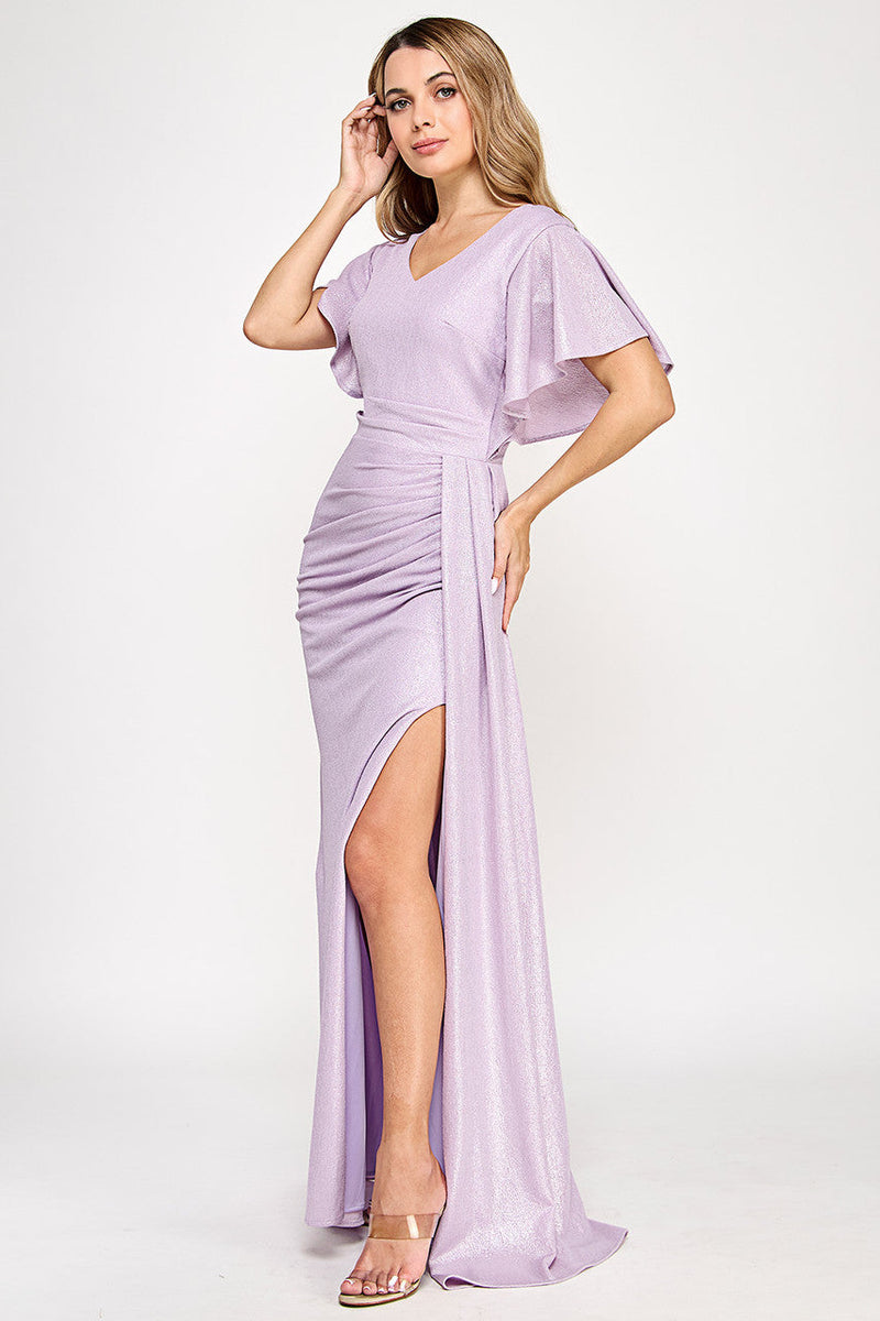 Metallic Glitter Flutter Sleeve Gown with Ruched Waist and High Slit Formal Evening Dress By Lenovia 5329