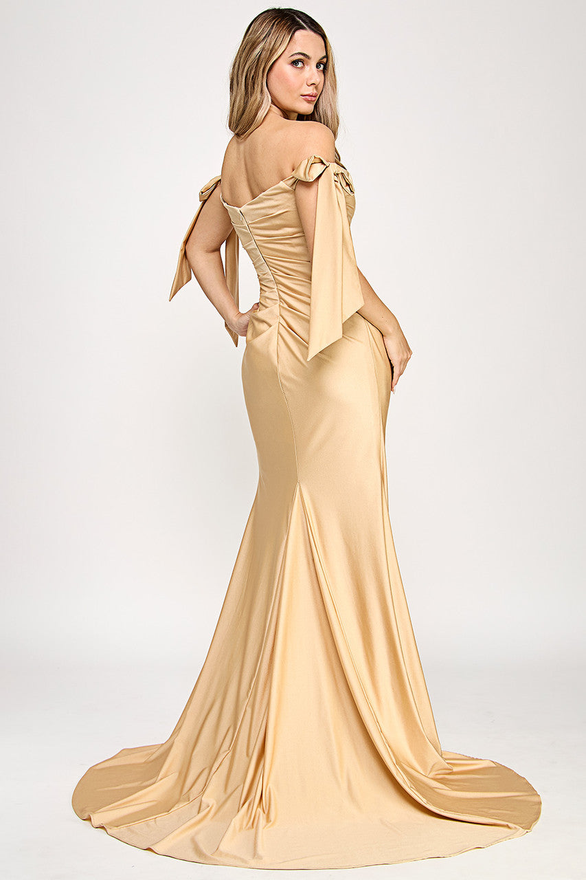 Off Shoulder Satin Mermaid Evening Gown with Bow Tie Sleeves Open Back by Lenovia 8358