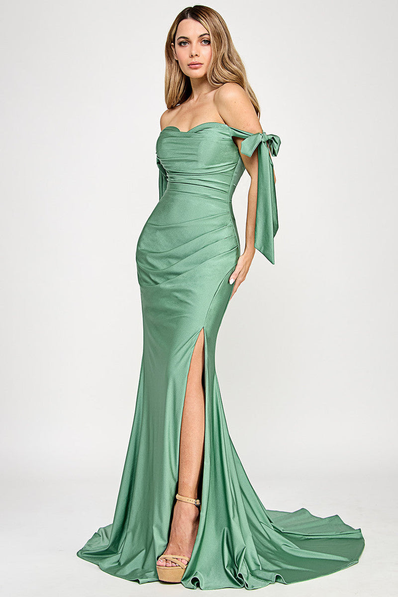 Off Shoulder Satin Mermaid Evening Gown with Bow Tie Sleeves Open Back by Lenovia 8358