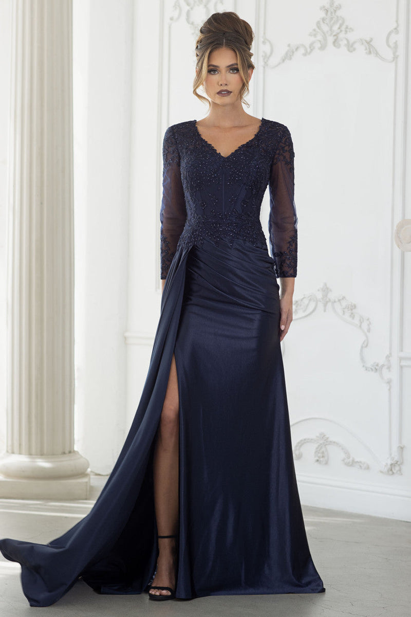 Elegant Lace Bodice Mother of the Bride Dress with 3/4 Sleeves V-Neck Dress by Lenovia 8366