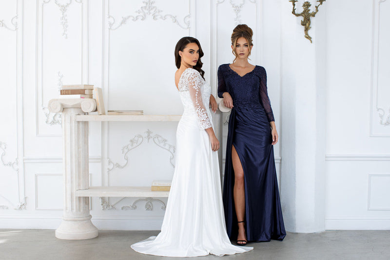 Elegant Lace Bodice Mother of the Bride Dress with 3/4 Sleeves V-Neck Dress by Lenovia 8366
