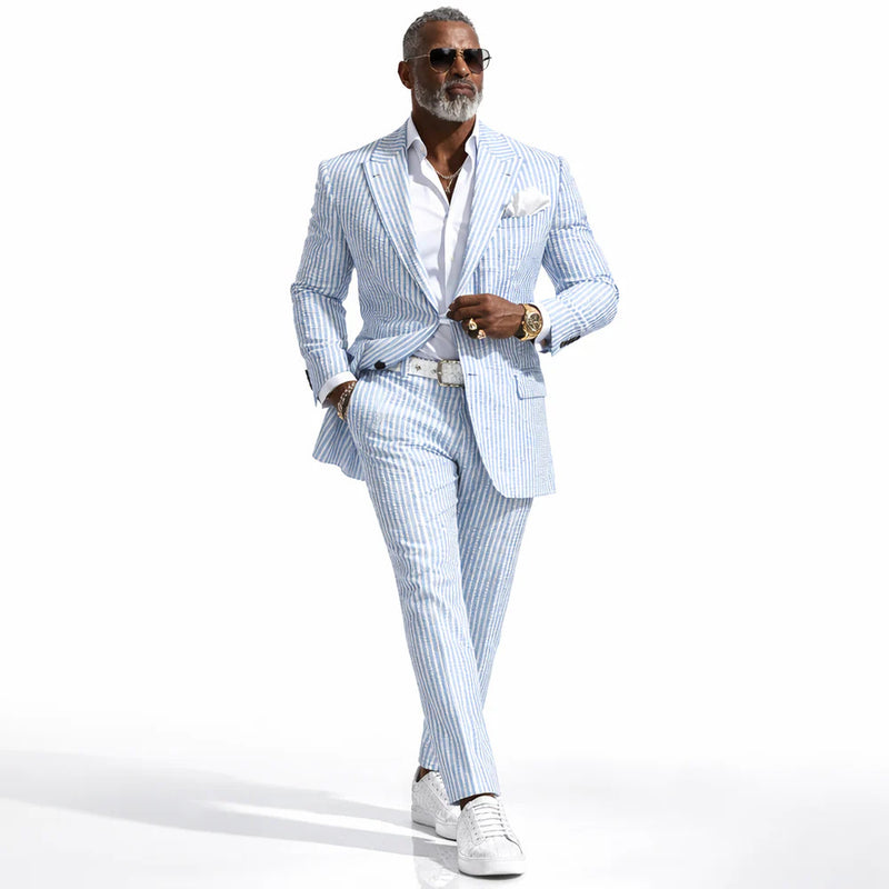 Inserch Mens Premium Cotton Seersucker Stripe Suit – Light Blue
