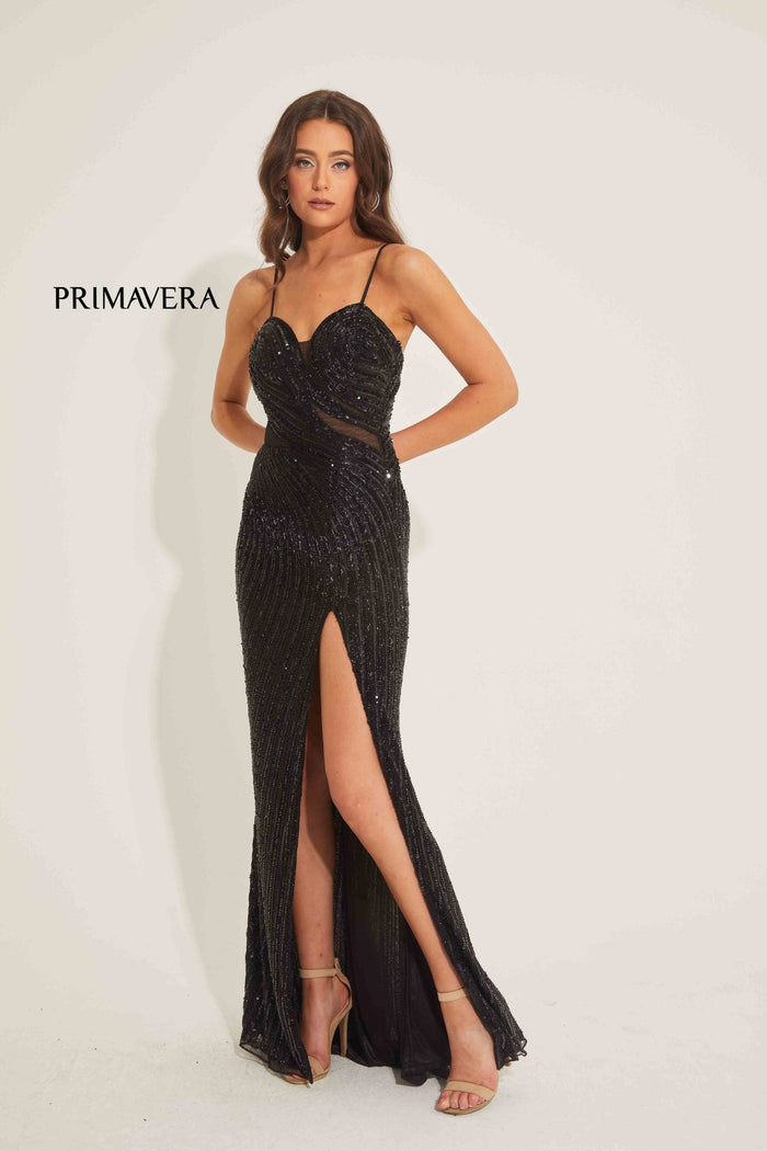 Primavera Couture 4327 - Sequin Embroidered Slit Evening Gown