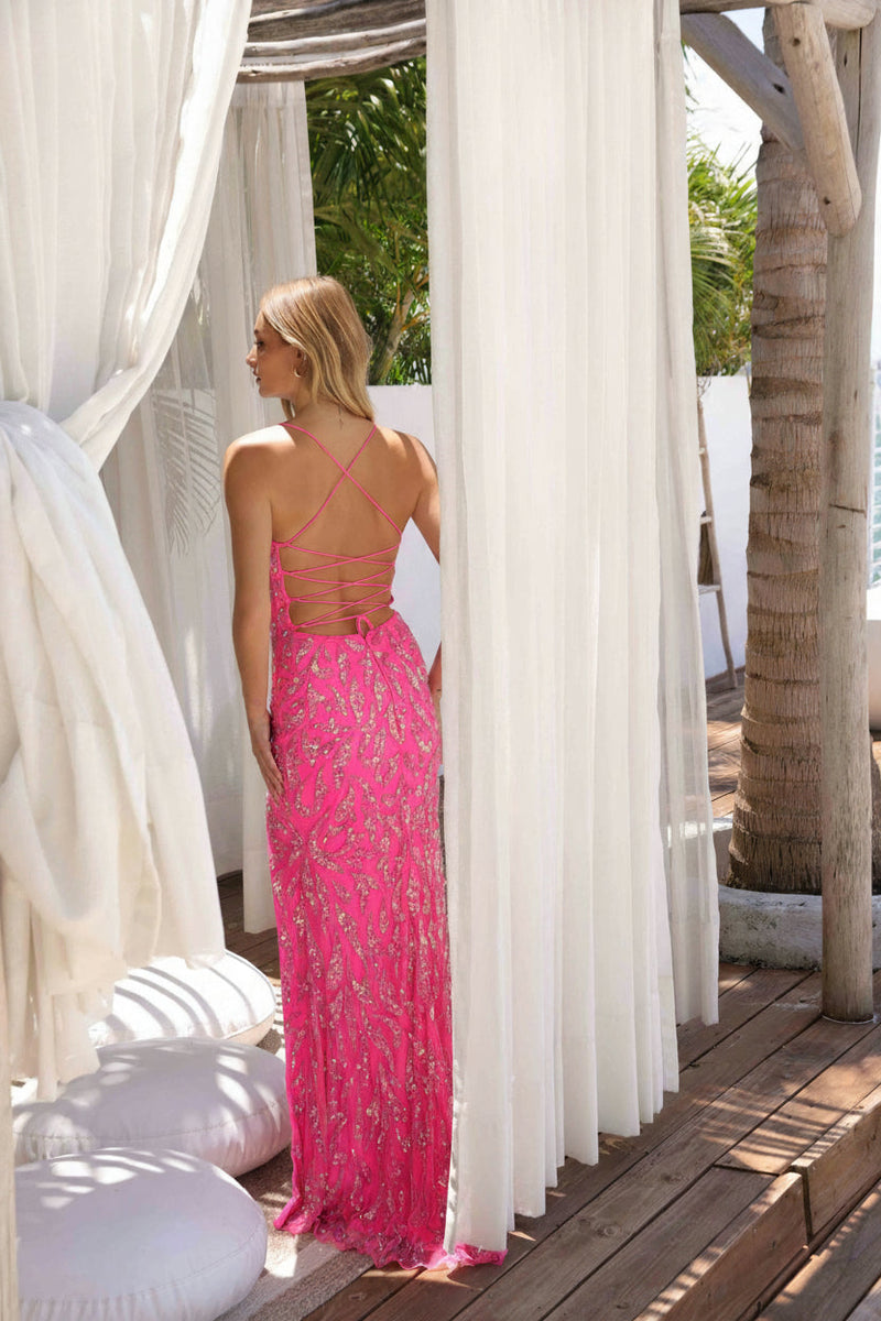 Primavera Couture 4359 - Beaded Slit Lace-Up Back Fitted Prom Dress