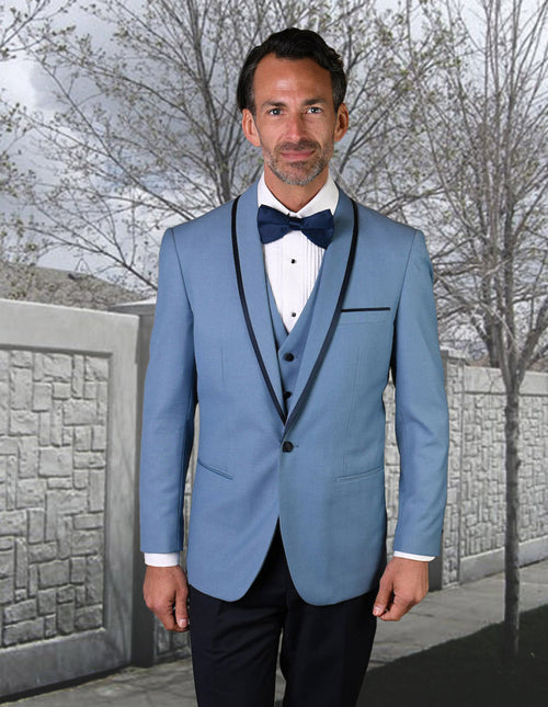 Men's steel blue wool tuxedo with black accents. Shawl lapel, satin trim, single-breasted, three buttons. Sleek fit. Includes vest.
