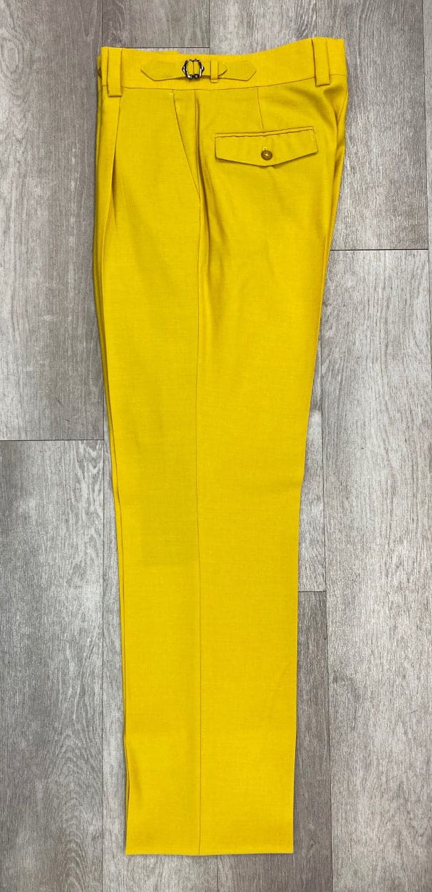 Tiglio Luxe Marbella yellow wide-leg pants. Smooth fabric, belt loop waistband with decorative belt, and a single buttoned back pocket. Solid, vibrant yellow color.
