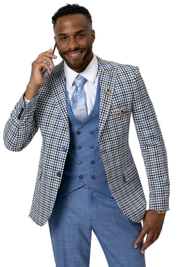 Mens Plaid Suit - Patterned Business Suit - Mens Two Button Modern Fit Peak Lapel Double Breasted Vest Suit In Blue & Black Windowpane Plaid Check