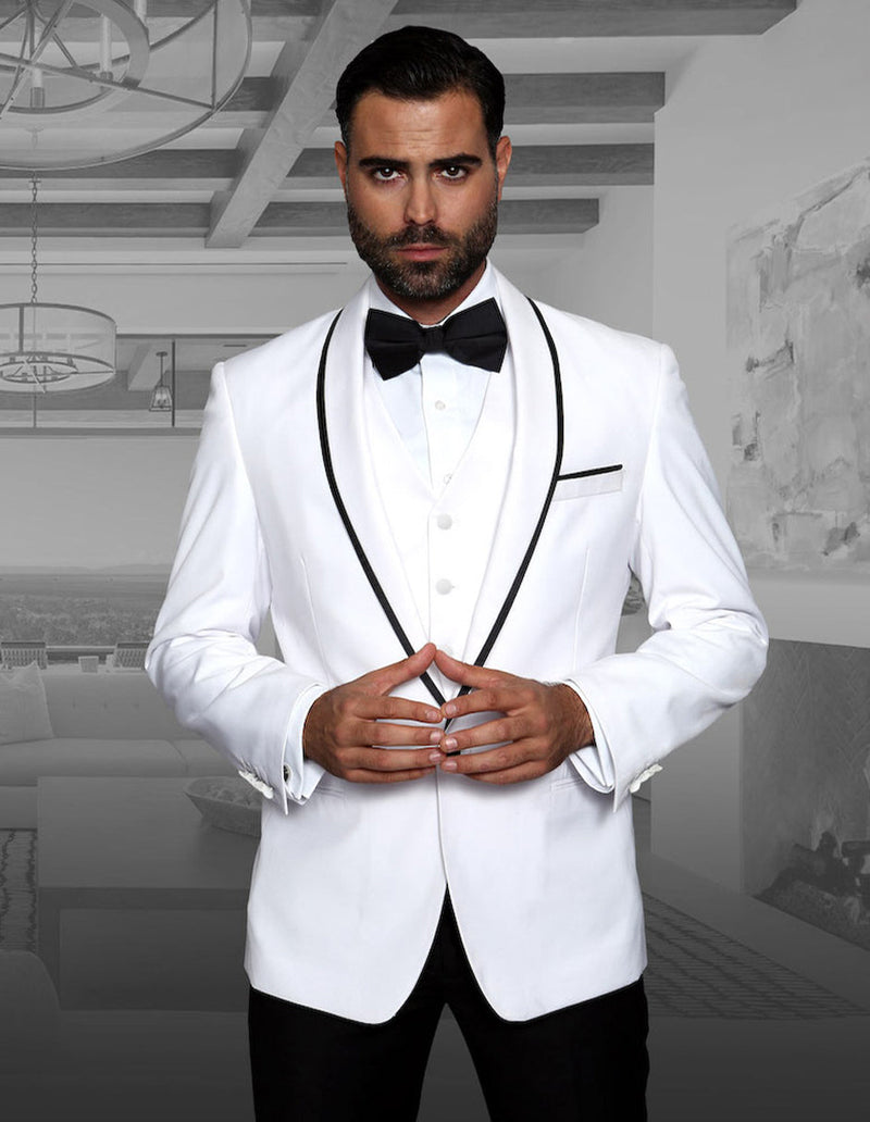 Men's wool tuxedo with shawl lapel and satin trim. Available in white and black. Single-button jacket with black edge trim. Includes a vest.
