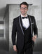 Men's black wool tuxedo with shawl lapel and satin trim, featuring grey accents. Includes a double-breasted, structured vest.
