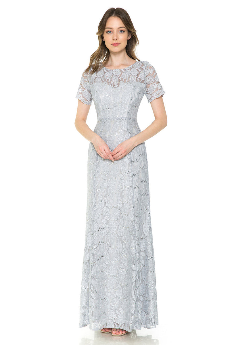Lenovia 5241 Sequin Lace Illusion Short Sleeve Dress with Fitted Silhouette