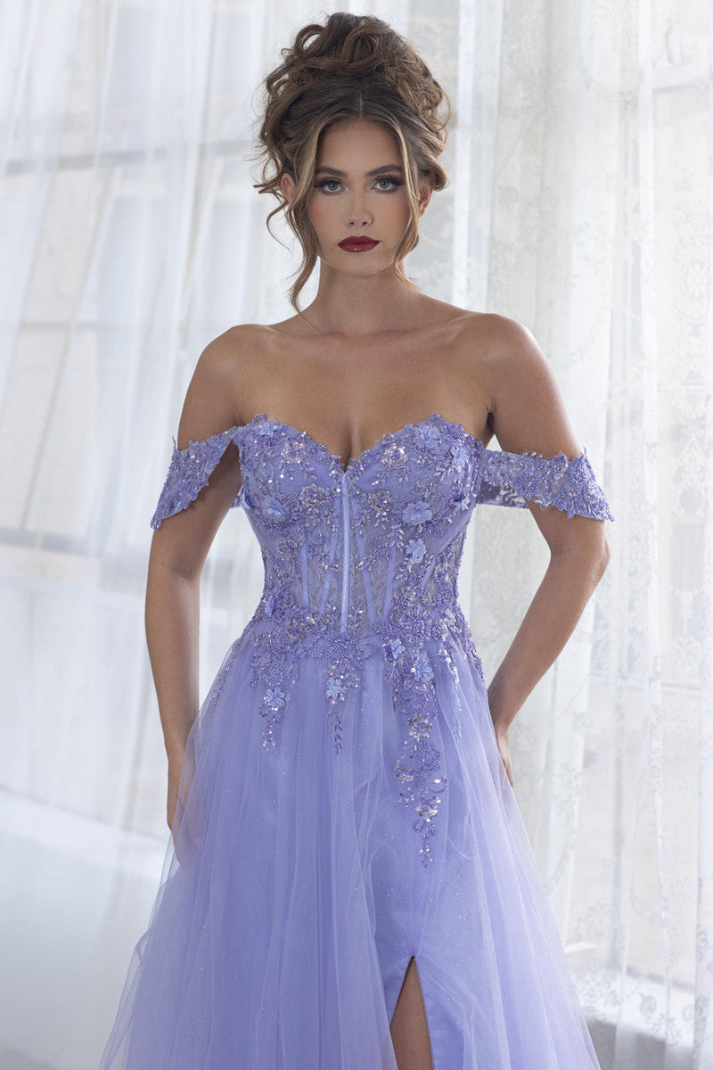 Lenovia 8399 Embroidered Mesh Strapless Off-Shoulder A-line Dress