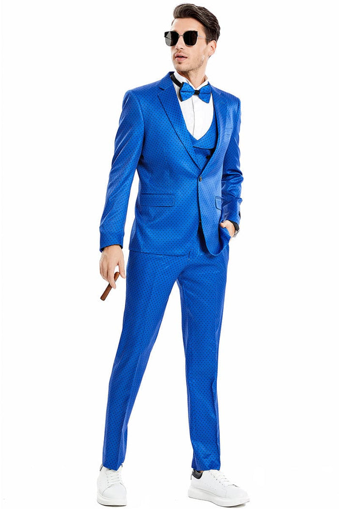 "Men's Royal Blue & Black Mini Polka Dot Prom 2026 Suit - One Button Vested"