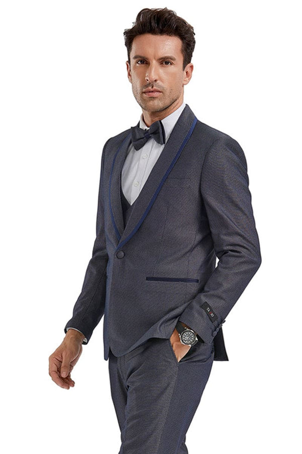 "Grey Birdseye Men's Shawl Tuxedo with Blue Trim - One Button Vested"