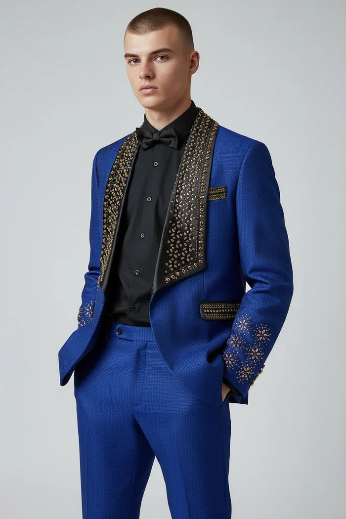 Men’s Bella Embellished Black & Royal Blue Tuxedo – 3 Piece Formal Suit with Shawl Lapel, Vest & Matching Pants