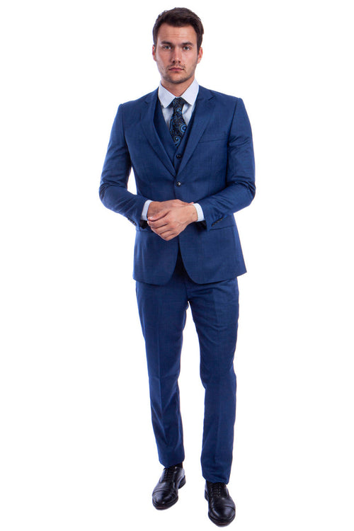 Blue Sharkskin Wedding & Business Suit - Men's Two Button Hybrid Fit Vested