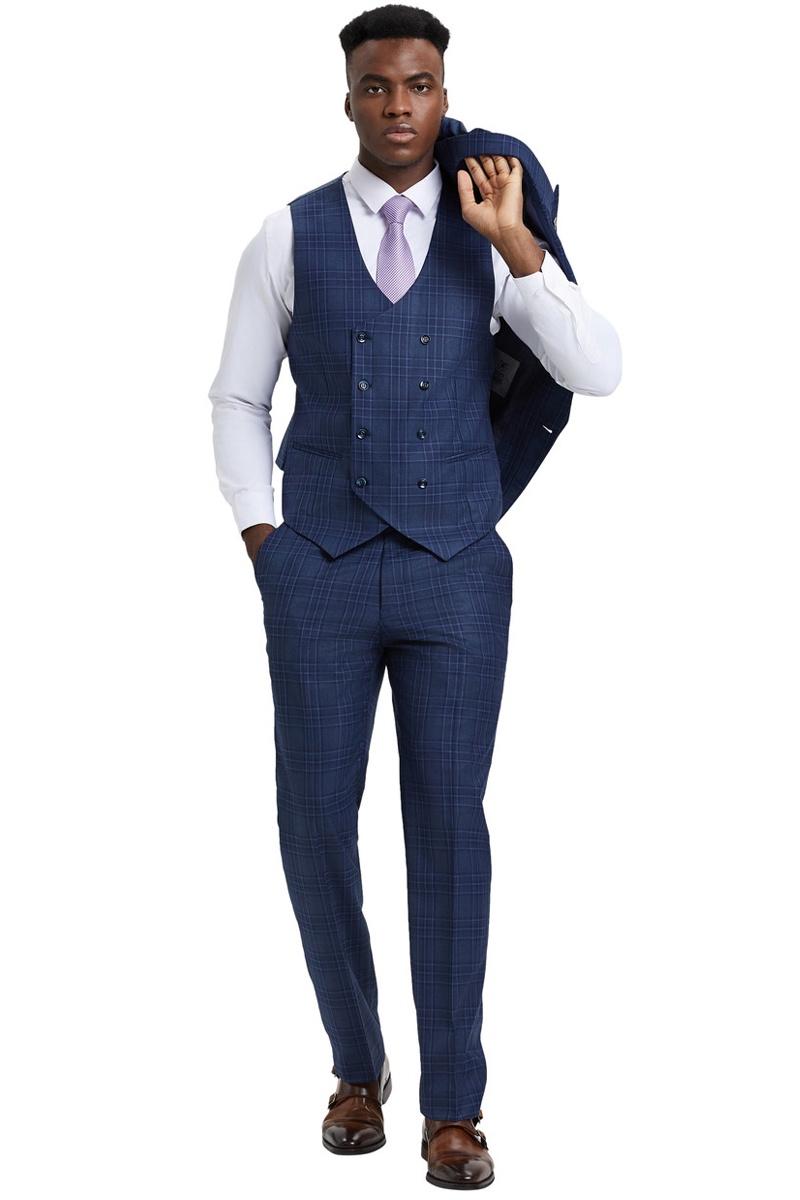 The Stacy Adams men's double-breasted vest suit features a blue and purple plaid pattern, with a one-button peak lapel design. The vest has a tailored fit and six front buttons, paired with matching trousers.
