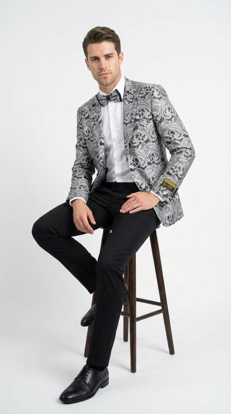 Mens Silver and Black Paisley Prom Blazer Jacket | Printed Formal Evening Tuxedo Blazer + Free Matching Bow Tie