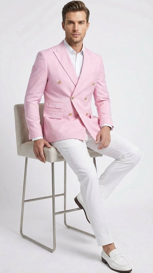 The men's light pink double-breasted blazer by Alberto Nardoni features a tailored fit with notch lapels and gold-tone buttons, paired with side pockets. The fabric appears smooth, emphasizing a sleek silhouette.