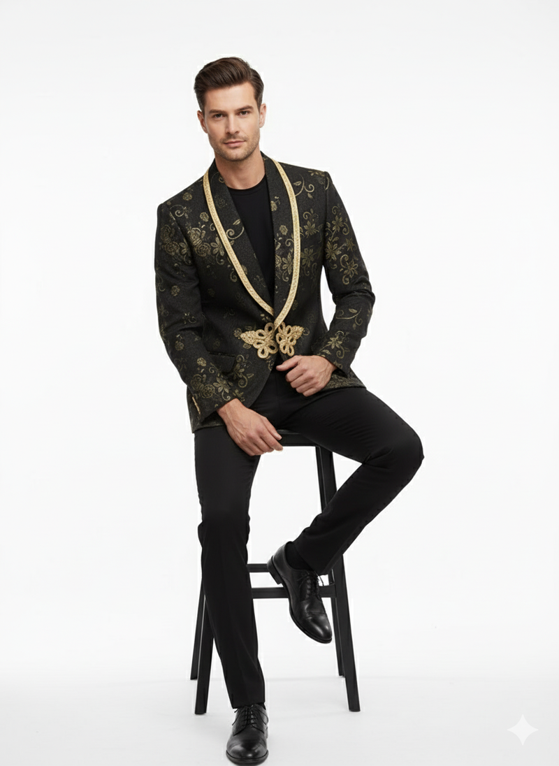 Luxury men's black blazer with gold embroidery. Floral pattern, gold shawl collar, and waist accent. Tailored, lined, structured shoulders, and fitted silhouette.
