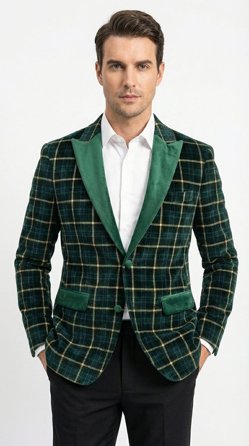 Mens Tartan Green and Gold Check Blazer – Windowpane Plaid Sport Coat Velvet Lapel Plaid Christmas Holiday New Year Jacket