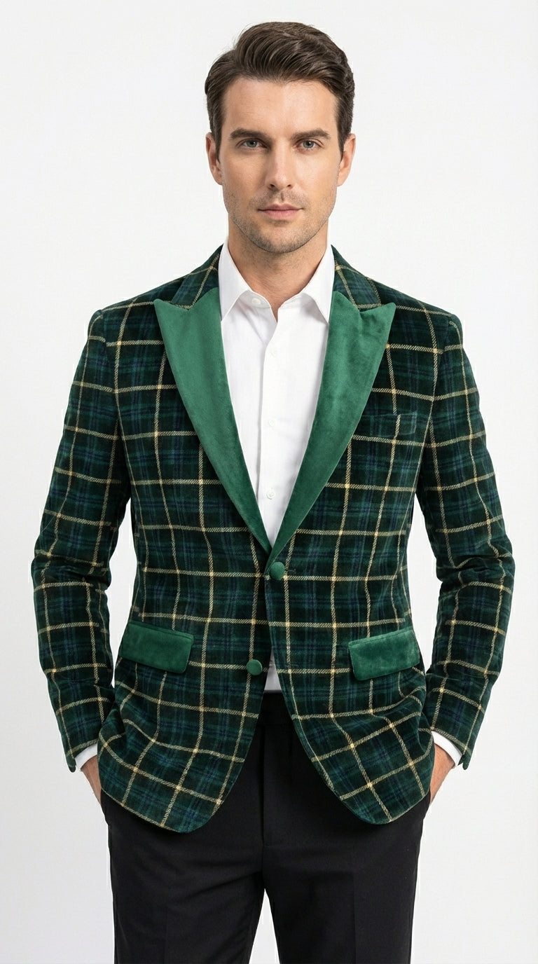 Mens Tartan Green and Gold Check Blazer – Windowpane Plaid Sport Coat Velvet Lapel Plaid Christmas Holiday New Year Jacket