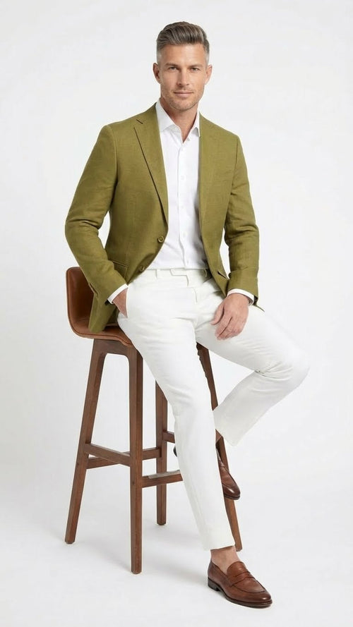 Alberto Nardoni men's olive green blazer: tailored fit, structured shoulders, two-button closure. Textured, breathable fabric. Notched lapels, front & chest pockets, fitted sleeves with buttoned cuffs.
