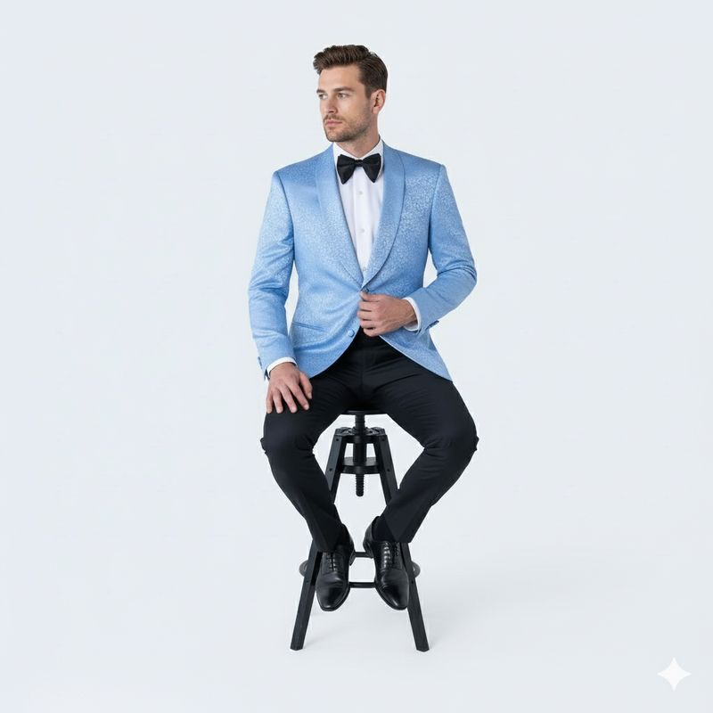 Alberto Nardoni men's light blue paisley tuxedo jacket. Fitted silhouette, single-button closure, shawl collar, long sleeves. Blue paisley pattern, smooth finish. Ideal for formal wear.
