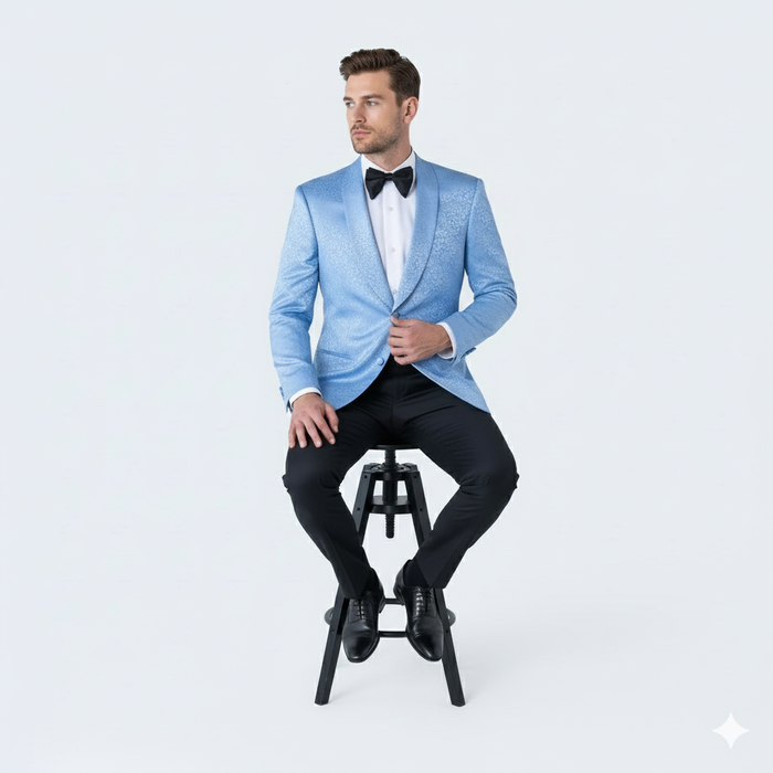 Alberto Nardoni men's light blue paisley tuxedo jacket. Fitted silhouette, single-button closure, shawl collar, long sleeves. Blue paisley pattern, smooth finish. Ideal for formal wear.
