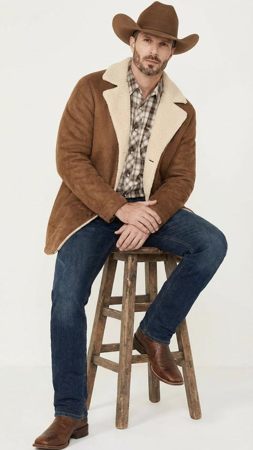 The men’s brown western faux suede blazer coat by Alberto Nardoni features a relaxed silhouette, made from faux suede material in a rich brown hue, with a contrasting shearling collar.