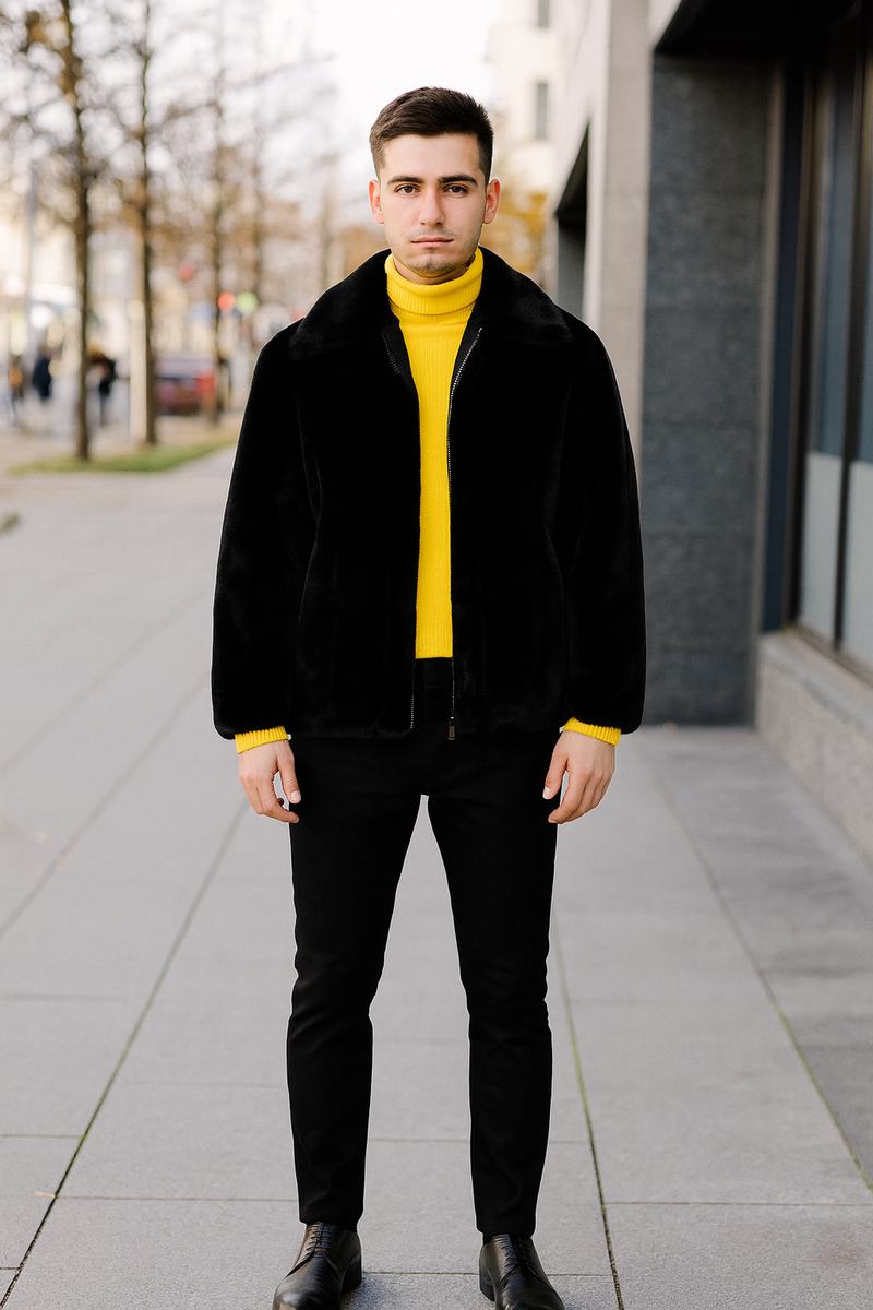 Men's black faux fur jacket. Luxury finish, zip-up, collar. Soft plush texture, relaxed fit, smooth silhouette. Perfect for a sophisticated look.
