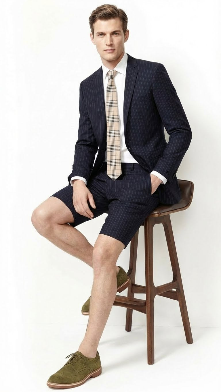 Men’s dark navy blue pinstripe suit with shorts features a tailored blazer and matching shorts. The fabric appears lightweight, suggesting suitability for summer wear.