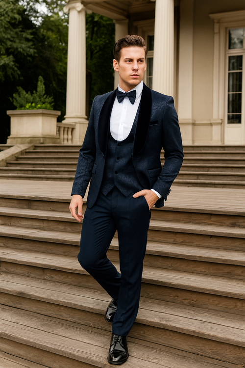Navy jacquard tuxedo with black velvet shawl lapel. Includes fitted jacket (3-button), matching waistcoat, and slim-fit trousers. Classic formalwear.