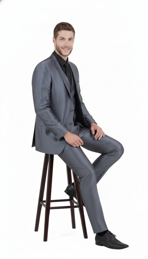 Men's dark grey, shiny two-piece suit. Slim-fit jacket with notched lapel & 2 buttons, plus tailored pants. Glossy finish suggests synthetic material. Tapered pants, structured fit.