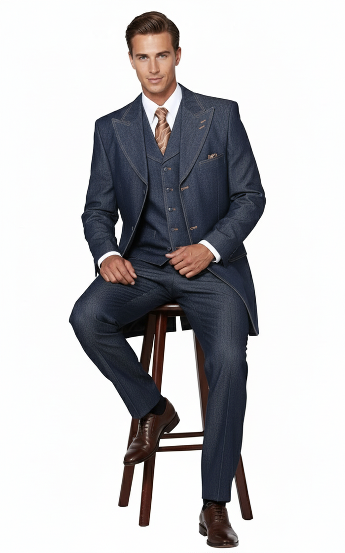 Alberto Nardoni men's three-piece denim suit: blazer (peaked lapels, contrasting stitching), vest (three-button), & tailored trousers. Dark blue, subtle texture, straight leg.
