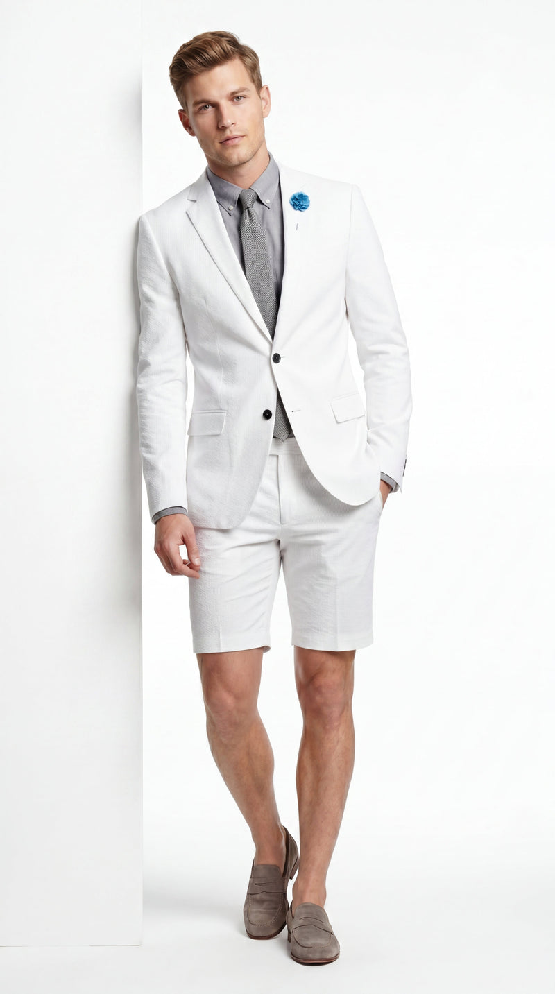 Men’s Cotton Fabric White 2 Piece Summer Suit with Shorts, Casual Beach Wedding and Resort Formal Outfit