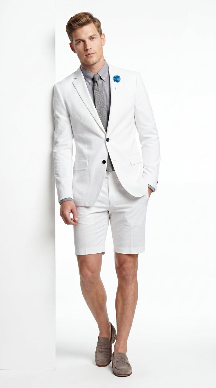 Men’s Cotton Fabric White 2 Piece Summer Suit with Shorts, Casual Beach Wedding and Resort Formal Outfit